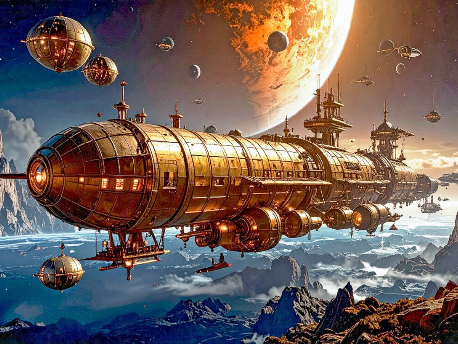 Gigaliner IX wird von kugelförmigen Lotsenschiffen durch die Atmosphäre begleitet. - CALVENDO Foto-Puzzle'