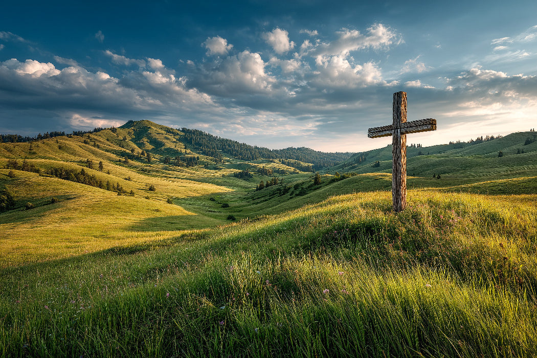 Premium Textil-Leinwand Er weidet mich auf gruener Aue und fuehrt mich zum frischen Wasser. Er erquickt meine Seele. (Psalm 23,2–3)