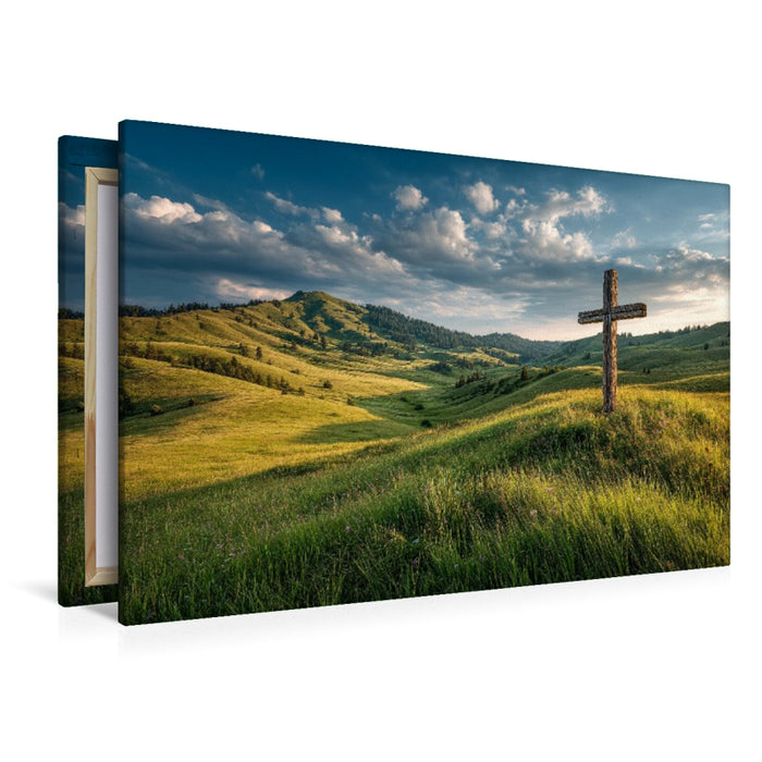 Premium Textil-Leinwand Er weidet mich auf gruener Aue und fuehrt mich zum frischen Wasser. Er erquickt meine Seele. (Psalm 23,2–3)