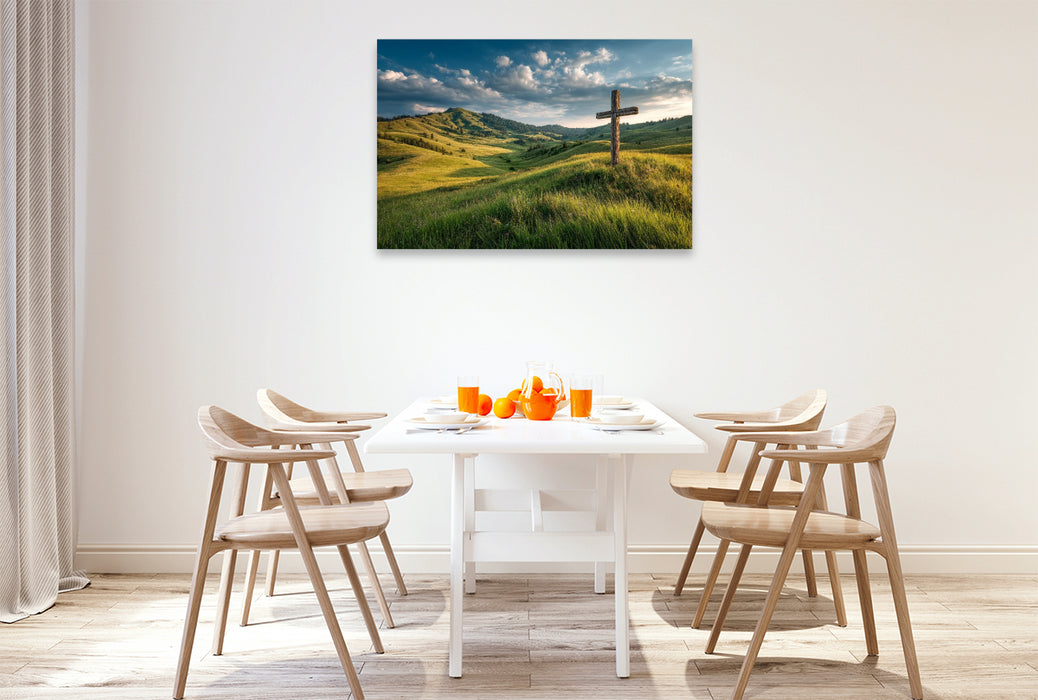 Premium Textil-Leinwand Er weidet mich auf gruener Aue und fuehrt mich zum frischen Wasser. Er erquickt meine Seele. (Psalm 23,2–3)