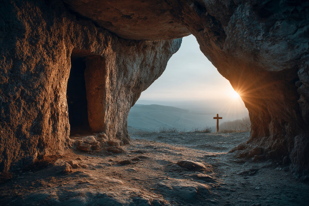 Premium Textil-Leinwand Er ist nicht hier; er ist auferstanden, wie er gesagt hat. Kommt und seht die Staette, wo er gelegen hat. (Matthaeus 28,6)