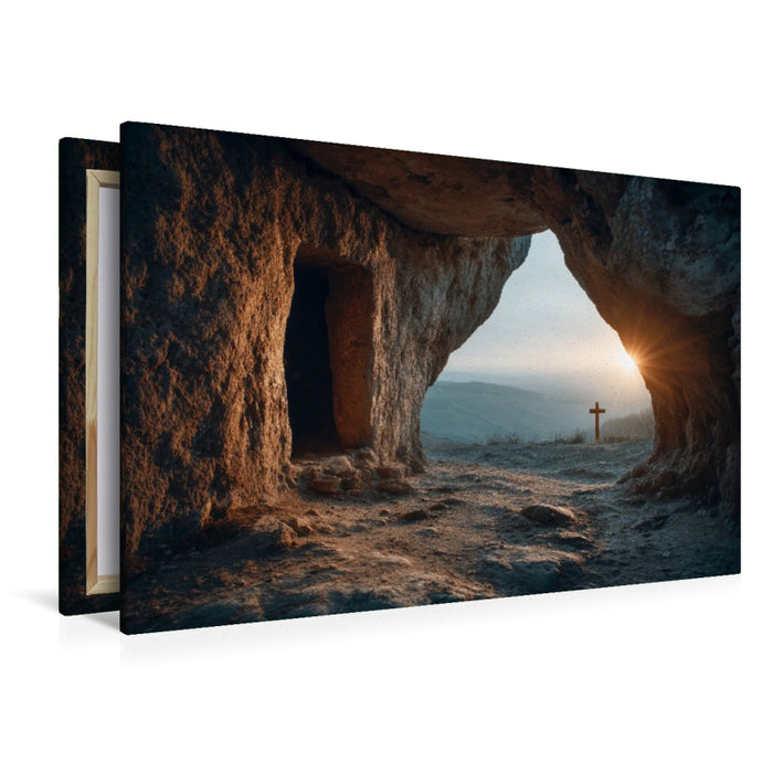 Premium Textil-Leinwand Er ist nicht hier; er ist auferstanden, wie er gesagt hat. Kommt und seht die Staette, wo er gelegen hat. (Matthaeus 28,6)