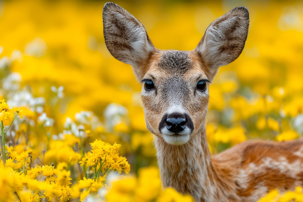 Premium Textil-Leinwand Rehkitz im gelben Blütenmeer mit aufmerksamem Blick