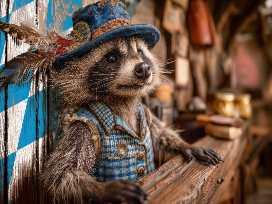 Bayerischer Waschbär in Tracht hinter rustikalem Tresen - CALVENDO Foto-Puzzle'
