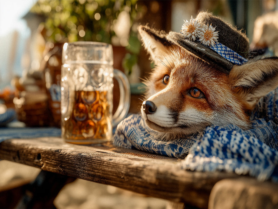 Lustiger Fuchs mit Trachtenhut und Maßkrug am Tisch - CALVENDO Foto-Puzzle'