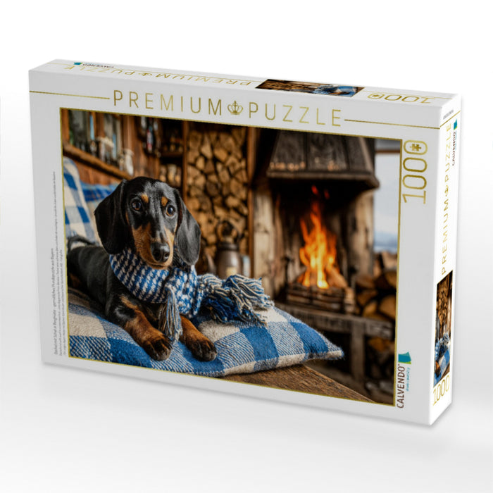Dackel mit Schal in Berghütte - gemütliches Hundepuzzle aus Bayern - CALVENDO Foto-Puzzle'