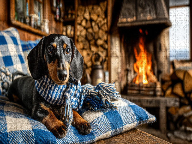 Dackel mit Schal in Berghütte - gemütliches Hundepuzzle aus Bayern - CALVENDO Foto-Puzzle'