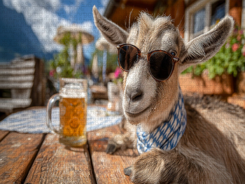 Ziege mit Sonnenbrille im bayerischen Biergarten - CALVENDO Foto-Puzzle'