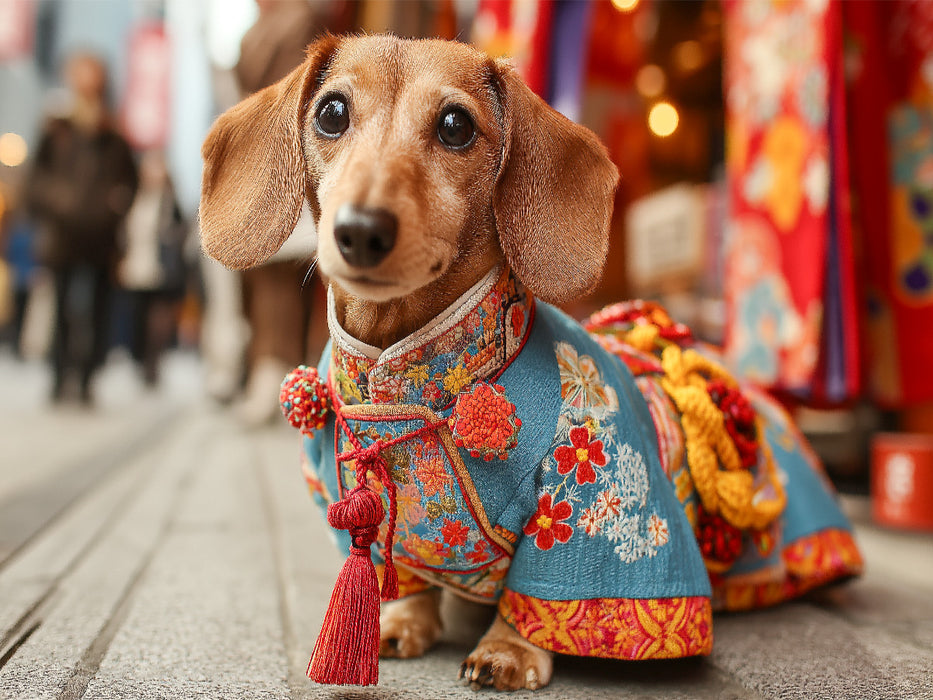 Dackel in traditioneller Kleidung auf Tokios Straßen - Hundepuzzle mit Fernweh-Garantie - CALVENDO Foto-Puzzle'