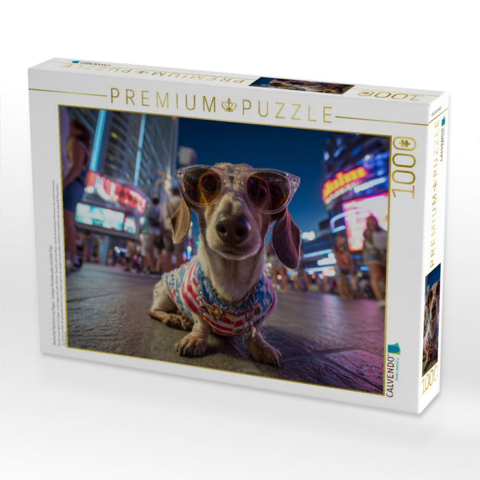 Dackel bei Nacht in Las Vegas - lustiges Hundepuzzle mit USA-Flair - CALVENDO Foto-Puzzle'