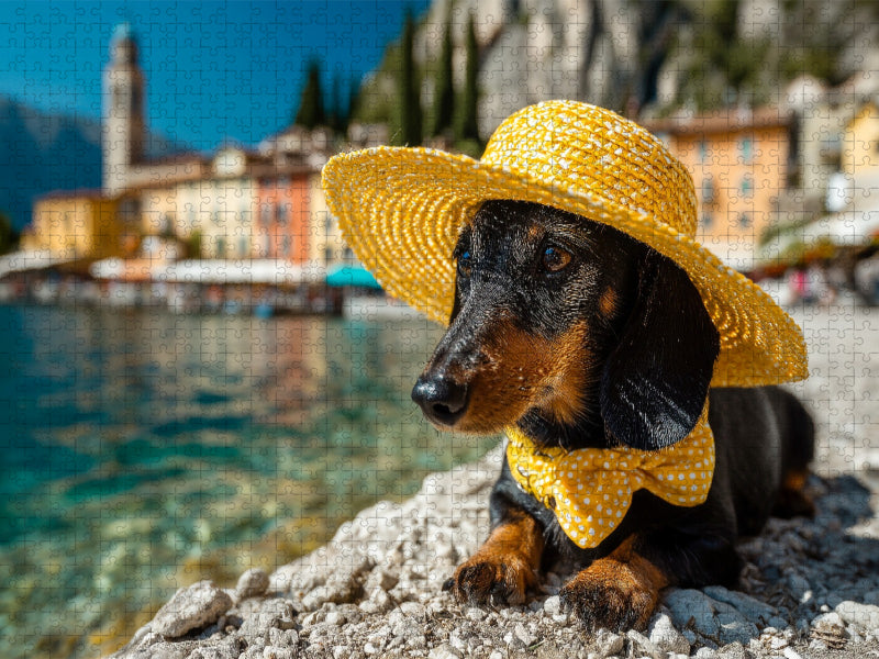 Ein Dackel genießt den Sommer am Gardasee in Italien - CALVENDO Foto-Puzzle'