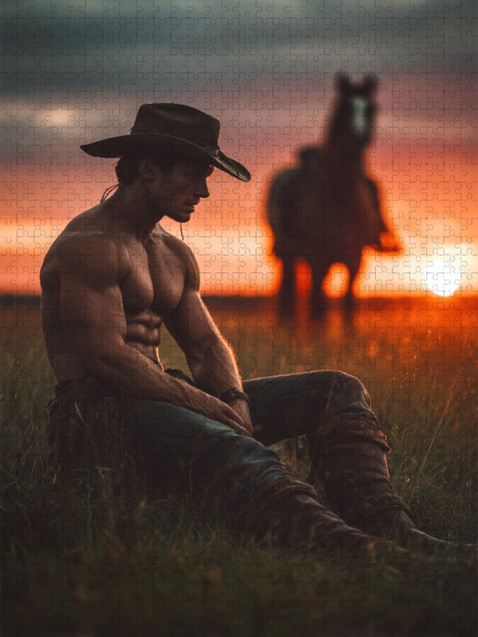 Sexy Cowboy mit Sixpack im Sonnenuntergang - erotisches Bild mit Pferd - CALVENDO Foto-Puzzle'