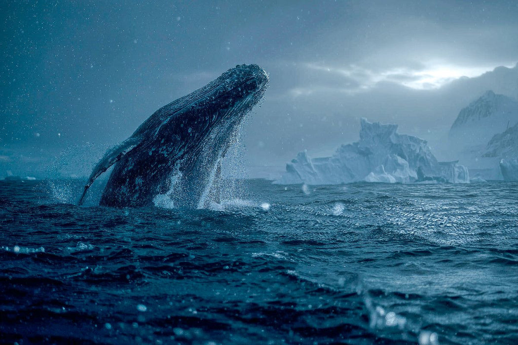 Premium Textil-Leinwand Mit einem gewaltigen Sprung schießt der Koloss aus dem Wasser, das Meer erbebt