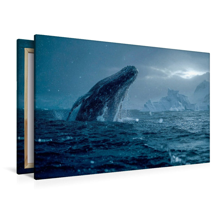 Premium Textil-Leinwand Mit einem gewaltigen Sprung schießt der Koloss aus dem Wasser, das Meer erbebt