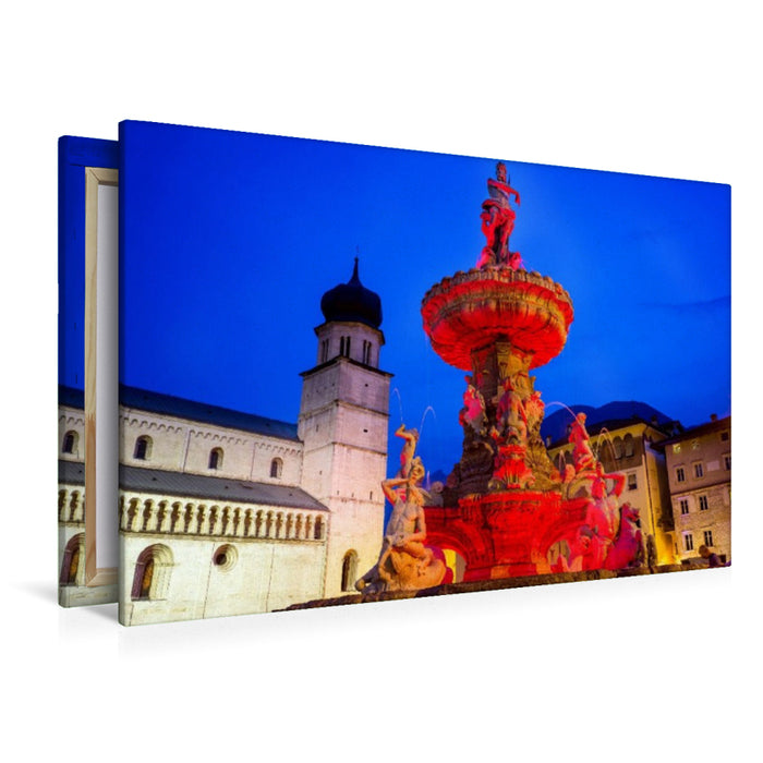 Premium Textil-Leinwand Trient - Neptunbrunnen bei Nacht