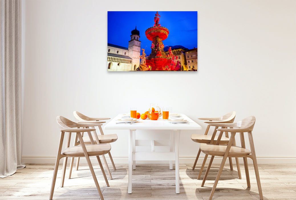 Premium Textil-Leinwand Trient - Neptunbrunnen bei Nacht