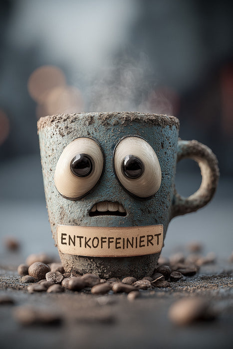 Premium Textil-Leinwand Entkoffeinierter Kaffee mit Panikblick - Lustiges Motiv für Koffeinfreunde