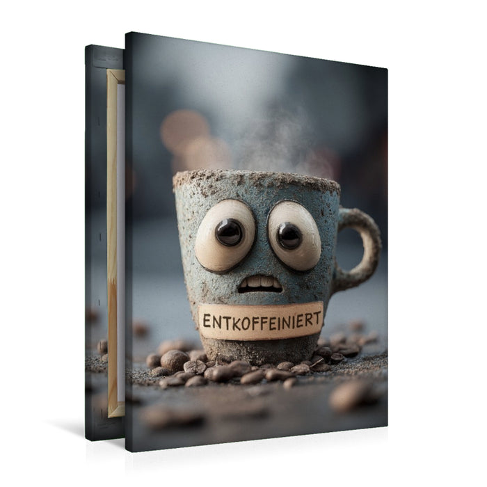 Premium Textil-Leinwand Entkoffeinierter Kaffee mit Panikblick - Lustiges Motiv für Koffeinfreunde