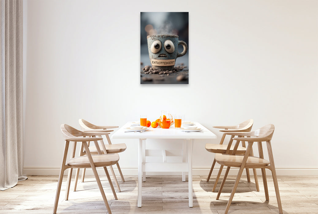 Premium Textil-Leinwand Entkoffeinierter Kaffee mit Panikblick - Lustiges Motiv für Koffeinfreunde