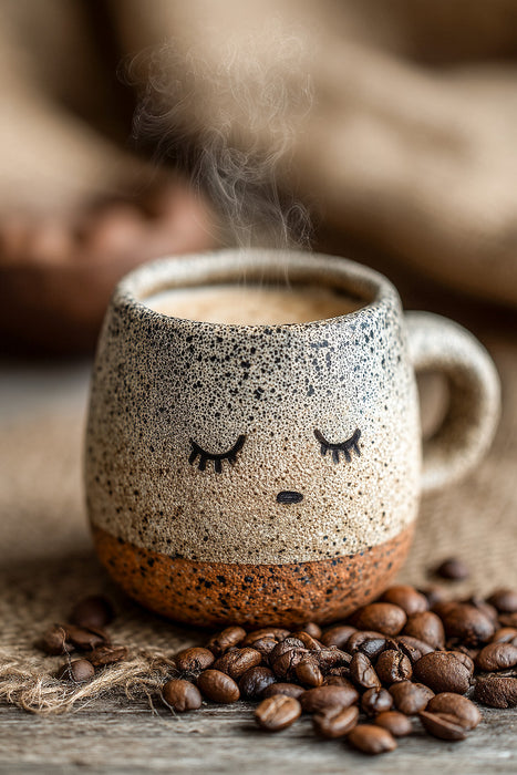 Premium Textil-Leinwand Müder Kaffee mit Schlafaugen - Sanftes Morgenmotiv für Kaffeefans