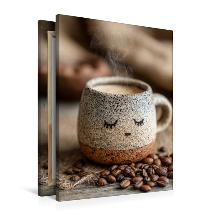 Premium Textil-Leinwand Müder Kaffee mit Schlafaugen - Sanftes Morgenmotiv für Kaffeefans