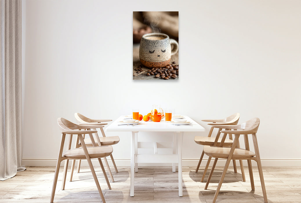 Premium Textil-Leinwand Müder Kaffee mit Schlafaugen - Sanftes Morgenmotiv für Kaffeefans