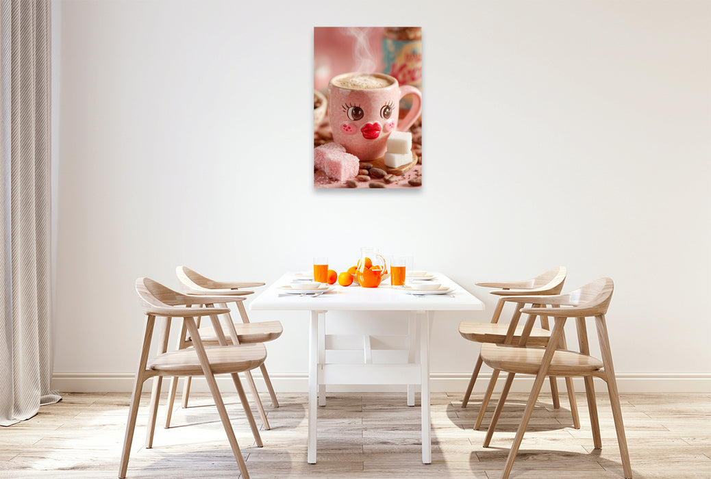 Premium Textil-Leinwand Verliebter Kakao mit Kussmund - Süßes Retro-Motiv voller Charme