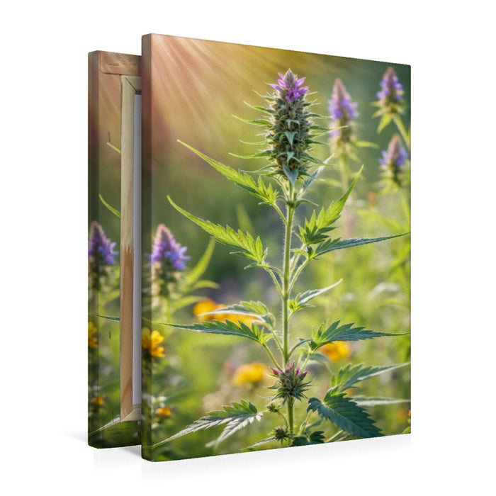 Premium Textil-Leinwand Marihuanablüte im Sonnenlicht - Hanfpflanze im Sommer