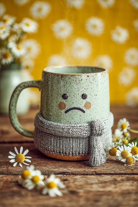 Premium Textil-Leinwand Trauriger Kamillentee mit Schal - Warmes Wohlfühlmotiv mit Humor