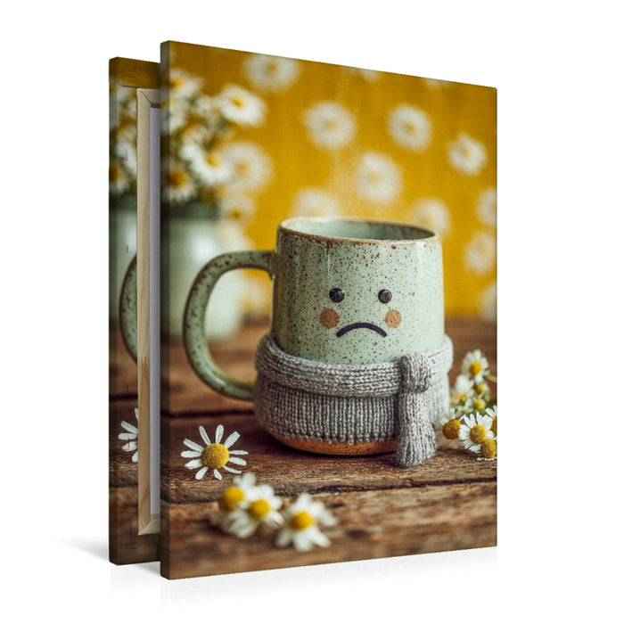 Premium Textil-Leinwand Trauriger Kamillentee mit Schal - Warmes Wohlfühlmotiv mit Humor