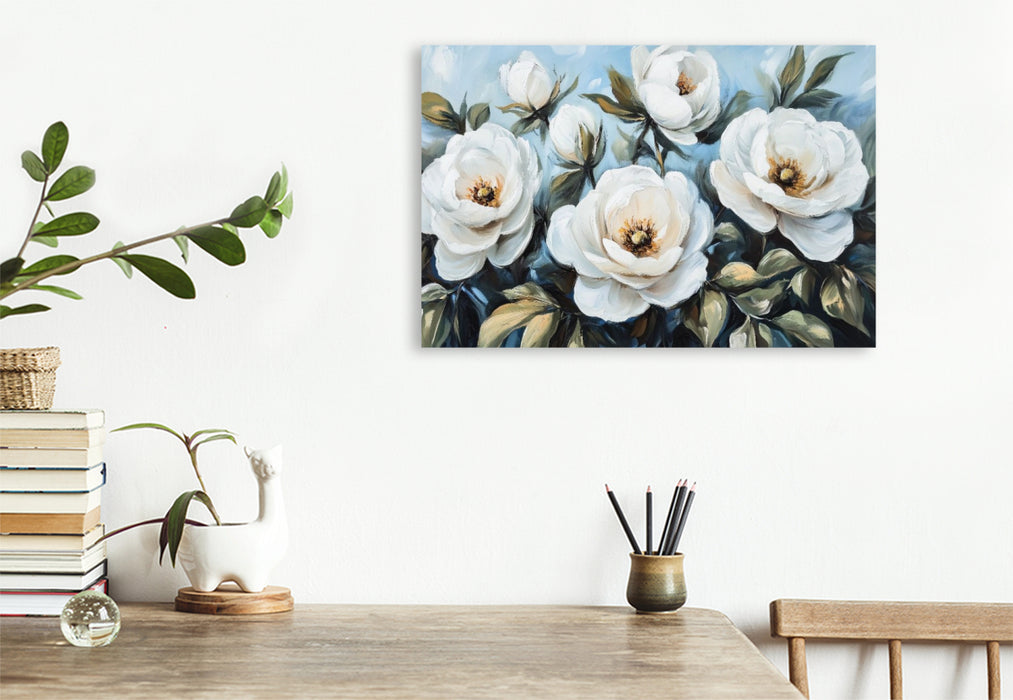 Premium Textil-Leinwand Weiße Kamelien