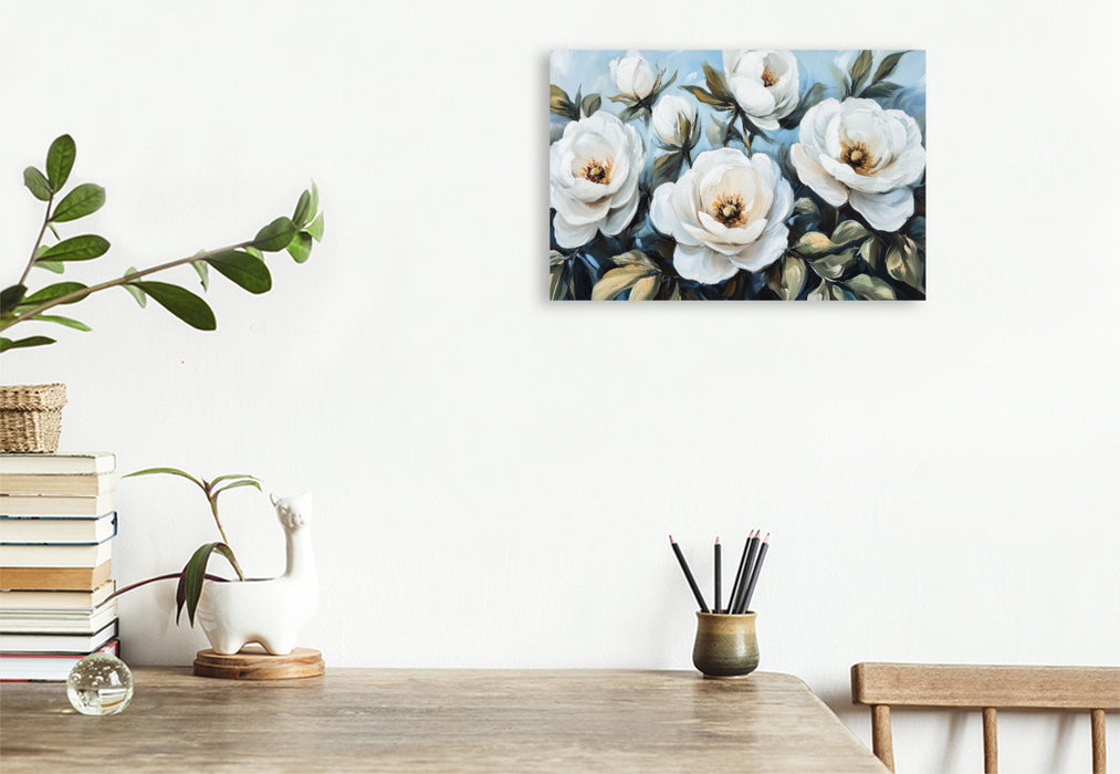 Premium Textil-Leinwand Weiße Kamelien