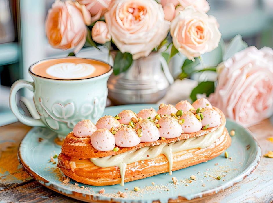 Cappuccino mit Éclair und Rosen - CALVENDO Foto-Puzzle'