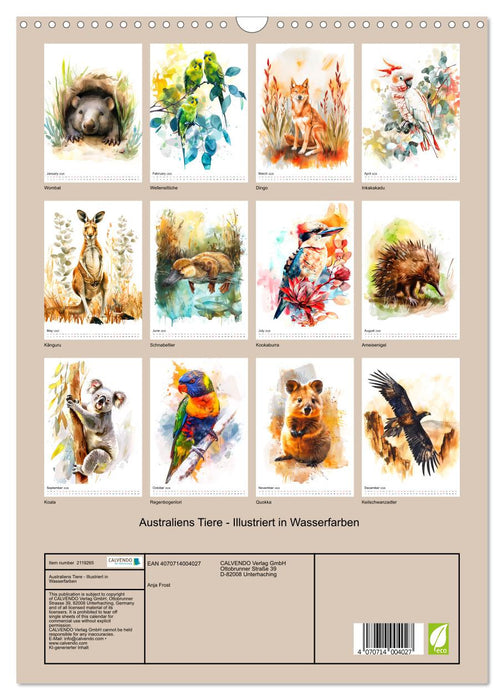 Australia's animals - Illustrated in watercolors (CALVENDO Monthly Calendar 2026)