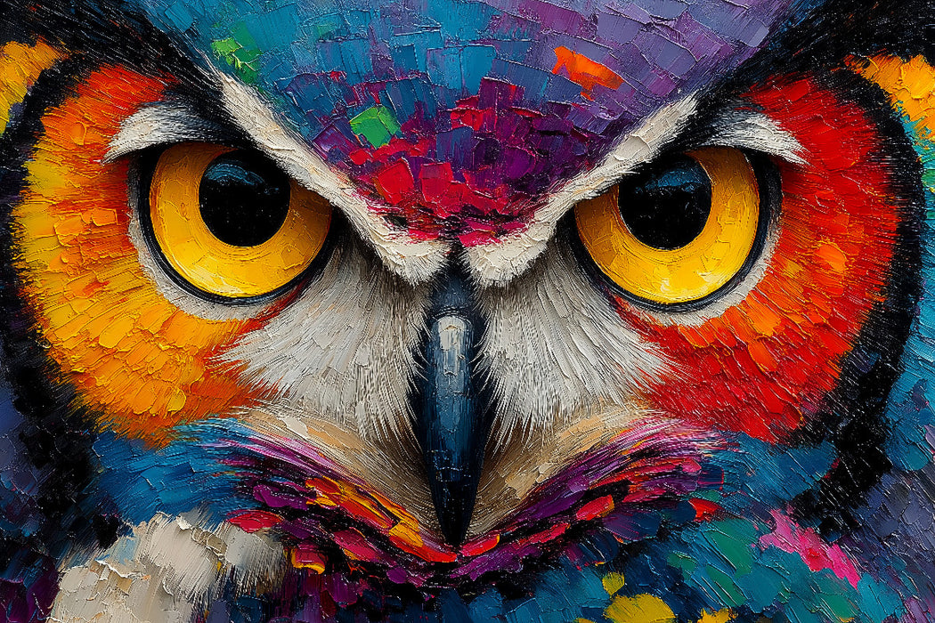 Premium Textil-Leinwand Bunte Aquarell Eule mit intensivem Blick