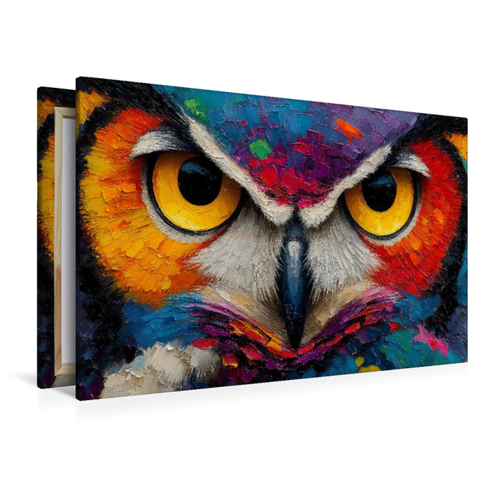 Premium Textil-Leinwand Bunte Aquarell Eule mit intensivem Blick