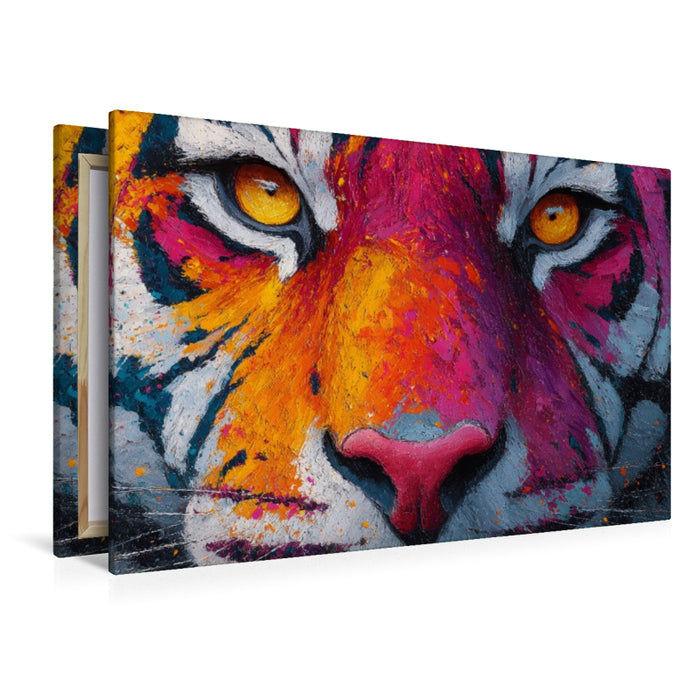 Premium Textil-Leinwand Bunter Tiger mit intensivem Blick