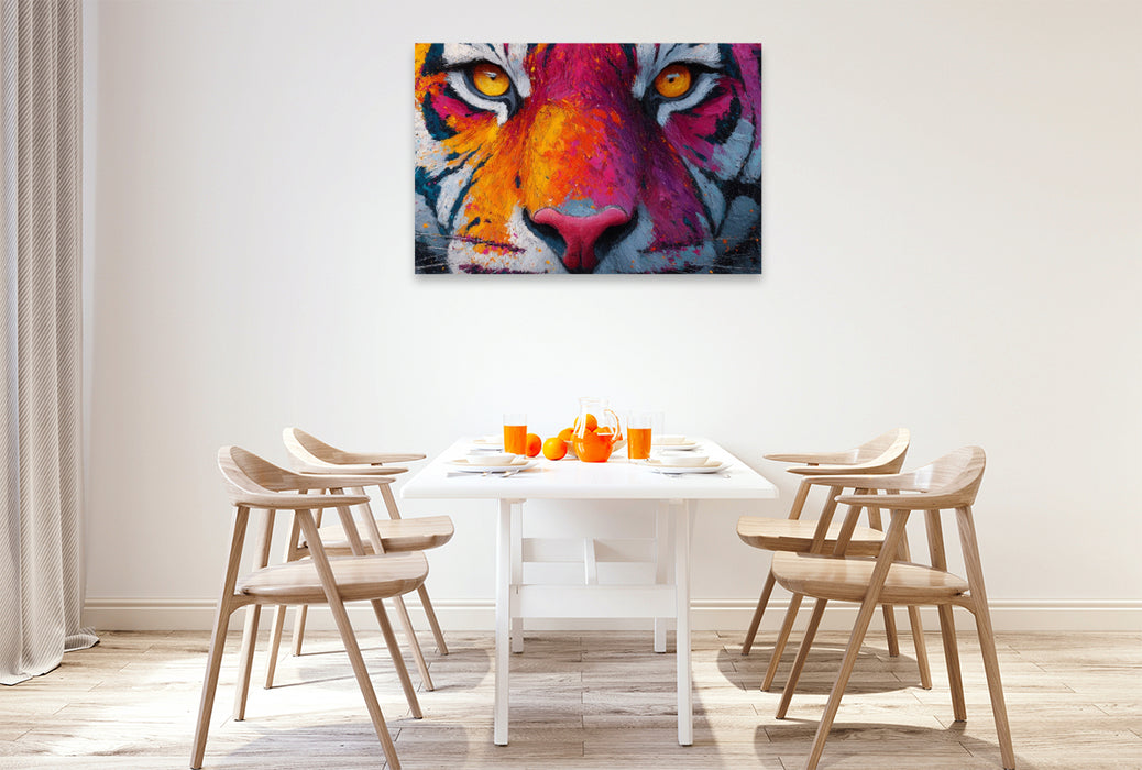 Premium Textil-Leinwand Bunter Tiger mit intensivem Blick
