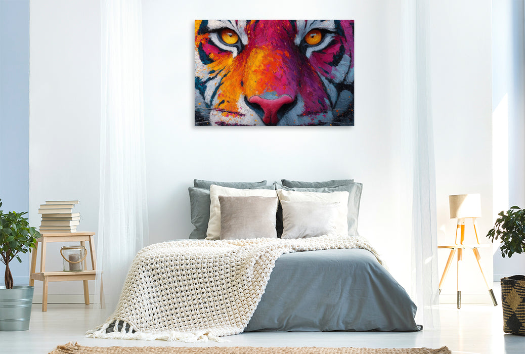 Premium Textil-Leinwand Bunter Tiger mit intensivem Blick