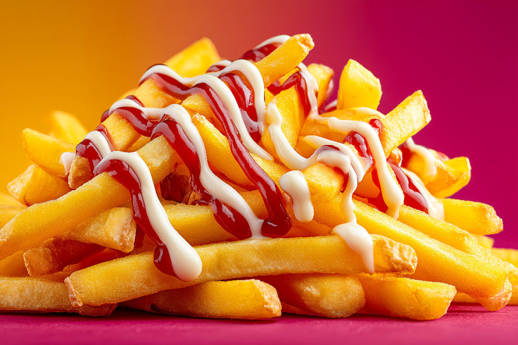 Premium Textil-Leinwand Pommes rot-weiß mit Ketchup und Mayo