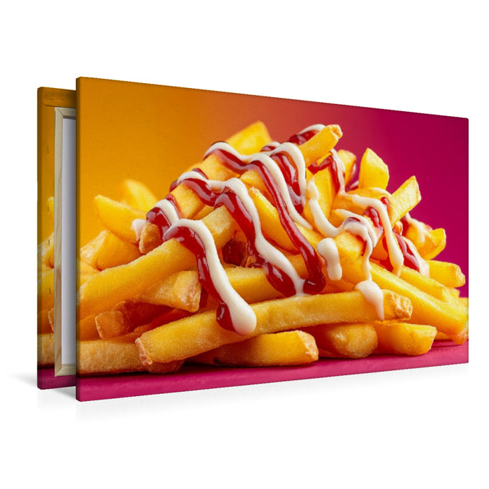 Premium Textil-Leinwand Pommes rot-weiß mit Ketchup und Mayo