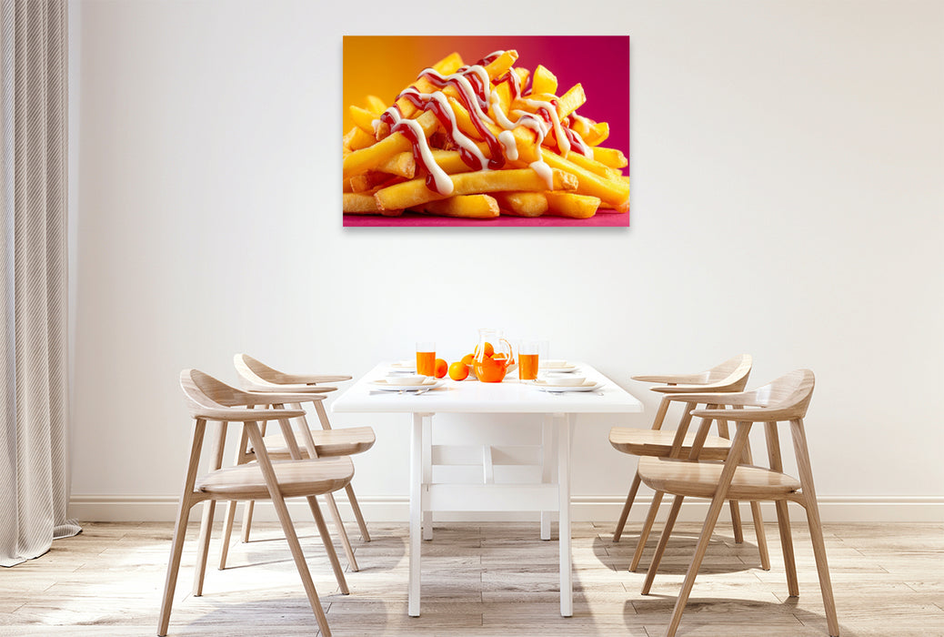 Premium Textil-Leinwand Pommes rot-weiß mit Ketchup und Mayo