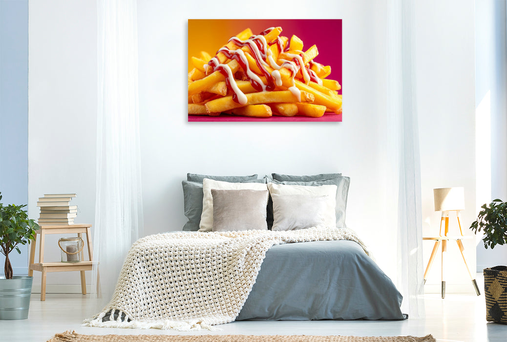 Premium Textil-Leinwand Pommes rot-weiß mit Ketchup und Mayo