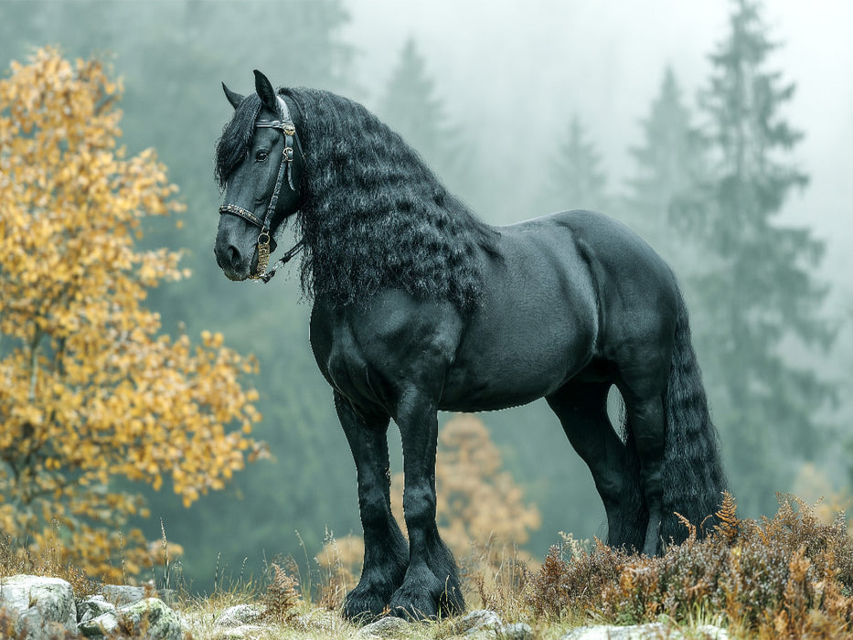 Majestätisches Friesenpferd im Herbstwald - CALVENDO Foto-Puzzle'