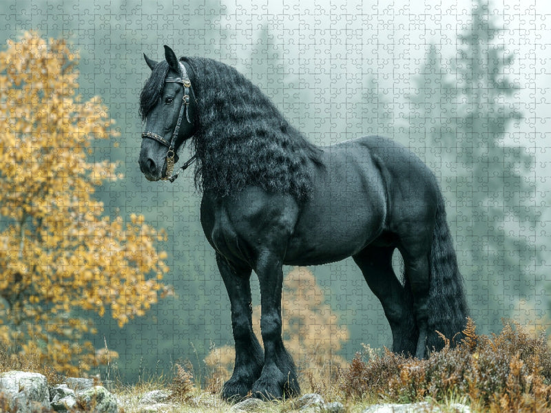 Majestätisches Friesenpferd im Herbstwald - CALVENDO Foto-Puzzle'