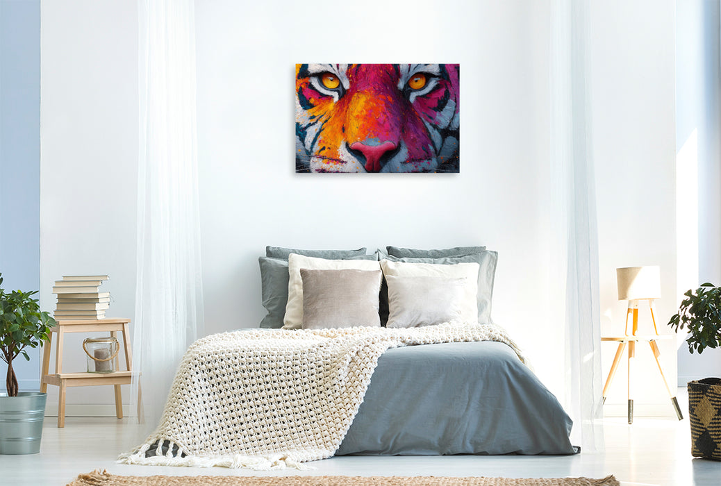Premium Textil-Leinwand Bunter Tiger mit intensivem Blick