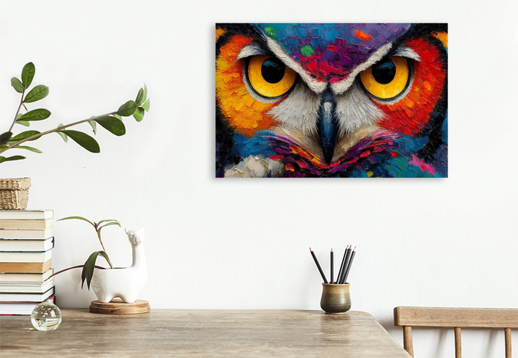 Premium Textil-Leinwand Bunte Aquarell Eule mit intensivem Blick