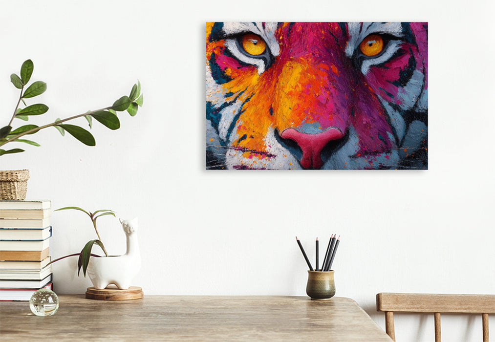 Premium Textil-Leinwand Bunter Tiger mit intensivem Blick