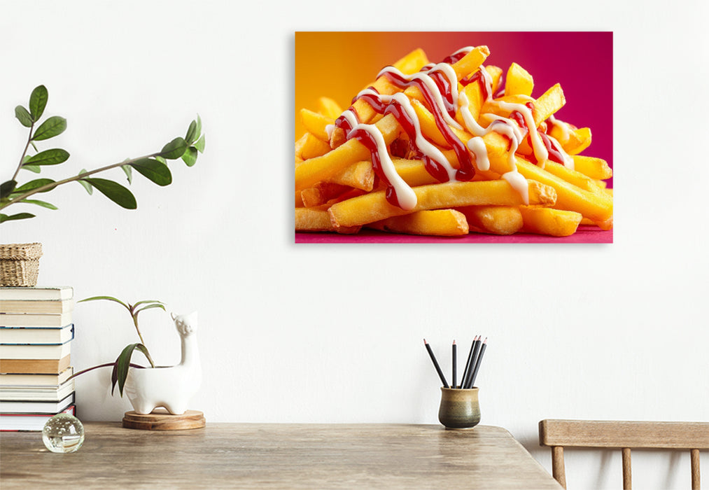 Premium Textil-Leinwand Pommes rot-weiß mit Ketchup und Mayo