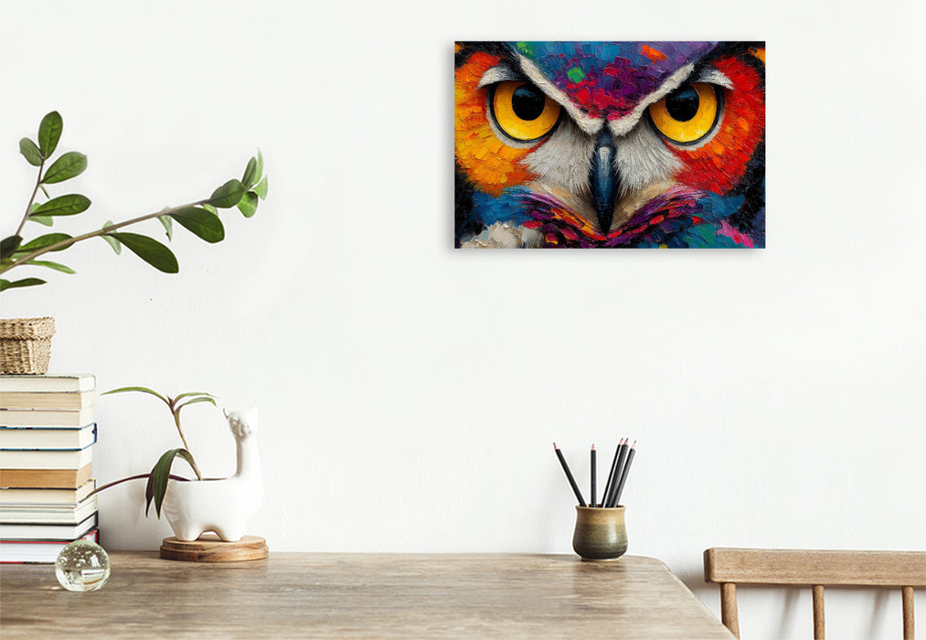 Premium Textil-Leinwand Bunte Aquarell Eule mit intensivem Blick
